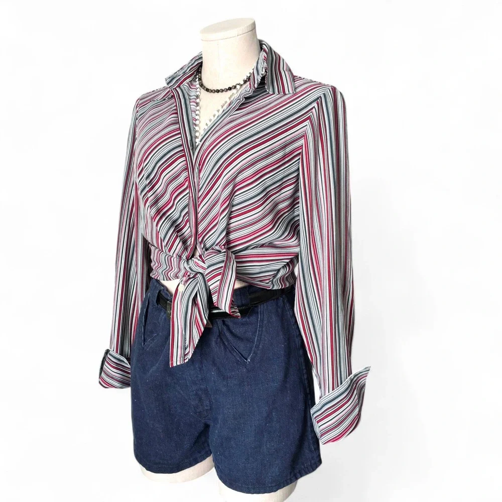 Vintage Worthington‎ Pinstripe Shirt Red Gray | Dark Academia Office Chic School